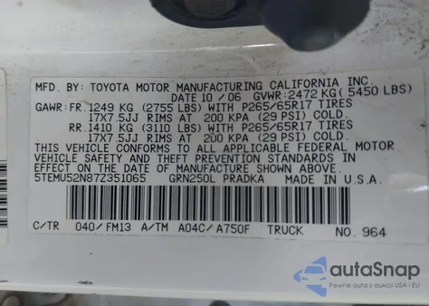 2007 Toyota Tacoma Base V6 z USA, uszkodzony, nr VIN 5TEMU52N87Z351065